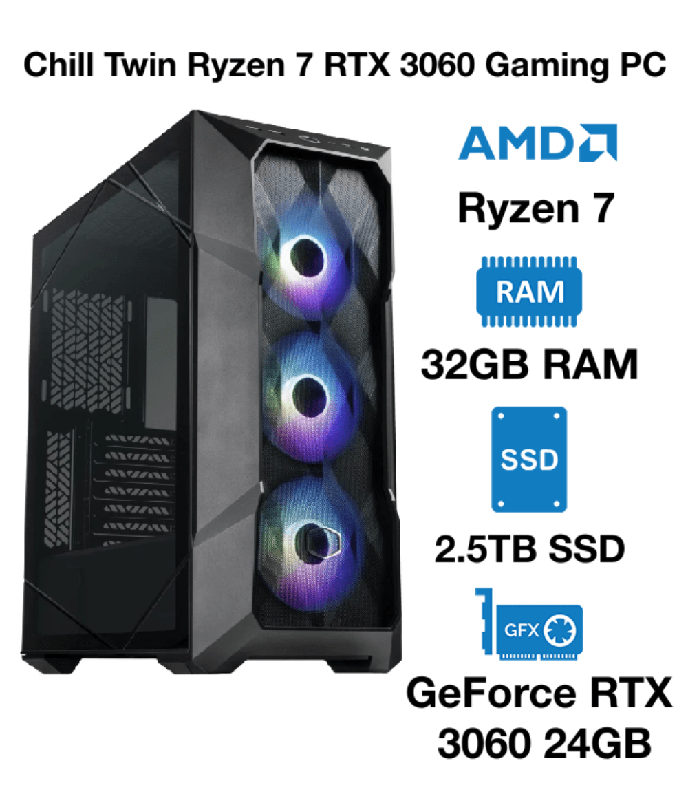 Chill Twin Ryzen 7 RTX 3060 Gaming PC | AMD Ryzen 7 7700X | 32GB RAM | 2.5TB SSD | GeForce RTX 3060 24GB | Windows 10 Pro