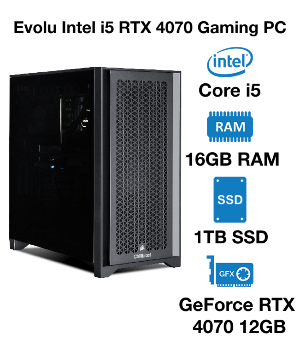 Evolu Intel i5 RTX 4070 Gaming PC | Intel Core i5 | 16GB RAM | 1TB SSD | GeForce RTX 4070 12GB | Windows 10 Pro