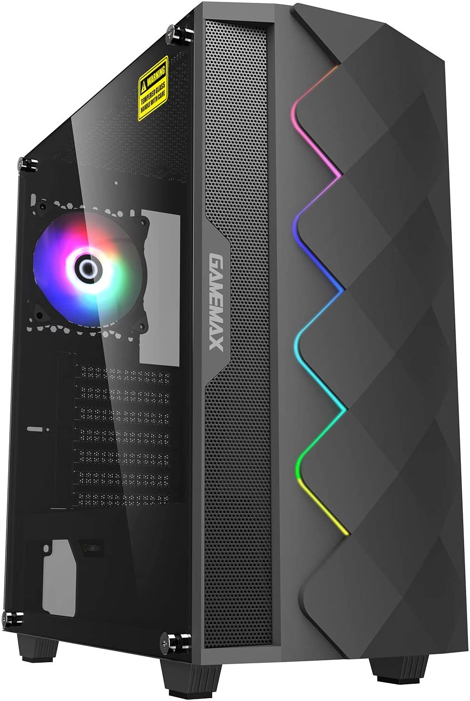 GAMEMAX Diamond ARGB Gaming Case w/ Glass Window ATX ARGB Strip & Angled Pattern Front Rear RGB Fan LED Button Black