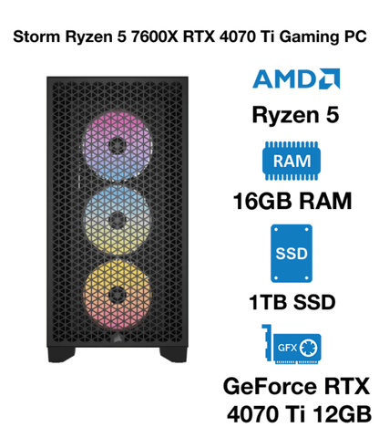 Storm Ryzen 5 7600X RTX 4070 Ti Gaming PC | AMD Ryzen 5 | 16GB RAM | 1TB SSD | GeForce RTX 4070 Ti 12GB | Windows 10 Pro