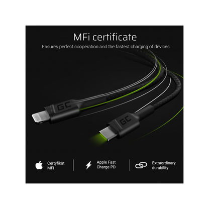 kabel przewod green cell power stream usb c lightning 100 cm ze wsparciem power delivery apple mfi certified 1