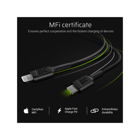 kabel przewod green cell power stream usb c lightning 100 cm ze wsparciem power delivery apple mfi certified 1